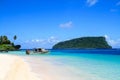 Polynesian fisherman boat dock on white golden sandy Lalomanu beach at tropical paradise in Pacific Ocean Upolu Island